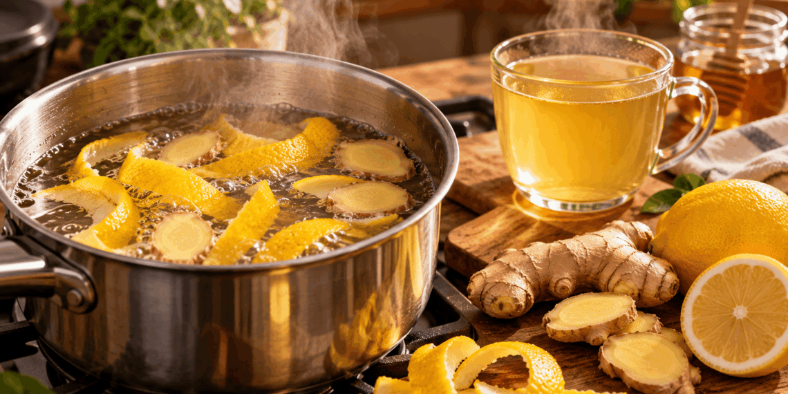 Panela com cascas de limão e fatias de gengibre em infusão, acompanhada de uma xícara de bebida quente e ingredientes frescos.