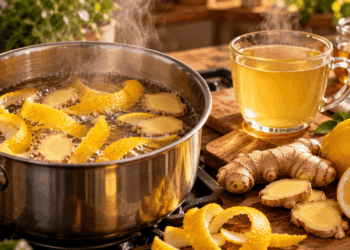 Panela com cascas de limão e fatias de gengibre em infusão, acompanhada de uma xícara de bebida quente e ingredientes frescos.