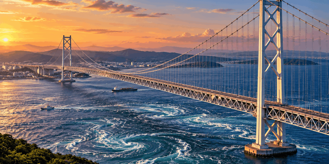 Cabos principais de aço e cabos verticais de suspensão da Ponte Akashi-Kaikyo sobre o estreito japonês.