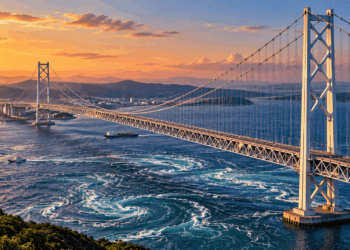 Cabos principais de aço e cabos verticais de suspensão da Ponte Akashi-Kaikyo sobre o estreito japonês.