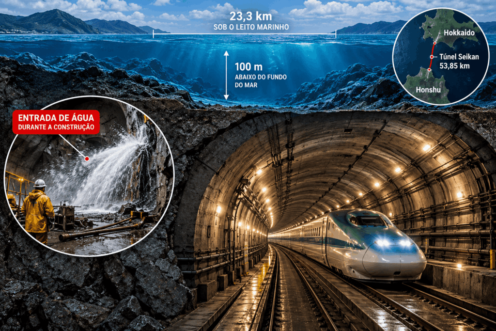 Túnel de 53,85 km atravessa o fundo do mar no Japão e já enfrentou 4 grandes entradas de água durante a construção: bombas mantêm a ferrovia funcionando