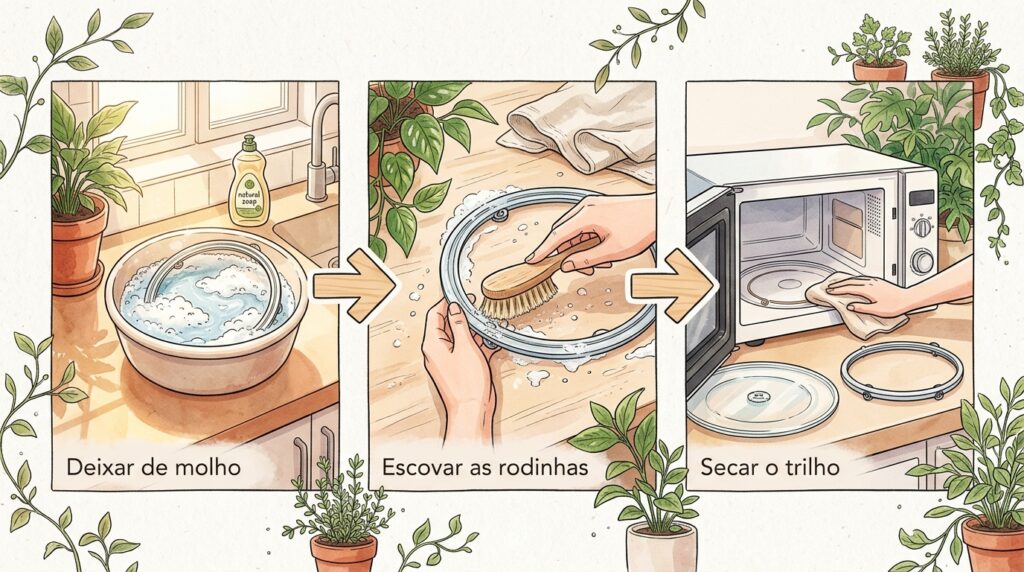 O prato de vidro do micro-ondas dá solavancos e faz barulho ao girar? O problema está no acúmulo de sujeira no trilho das rodinhas