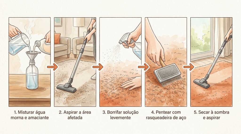 O tapete felpudo da sala ficou com os pelos amassados e duros exatamente onde as pessoas mais pisam? O atrito térmico fundiu e enrolou as fibras sintéticas
