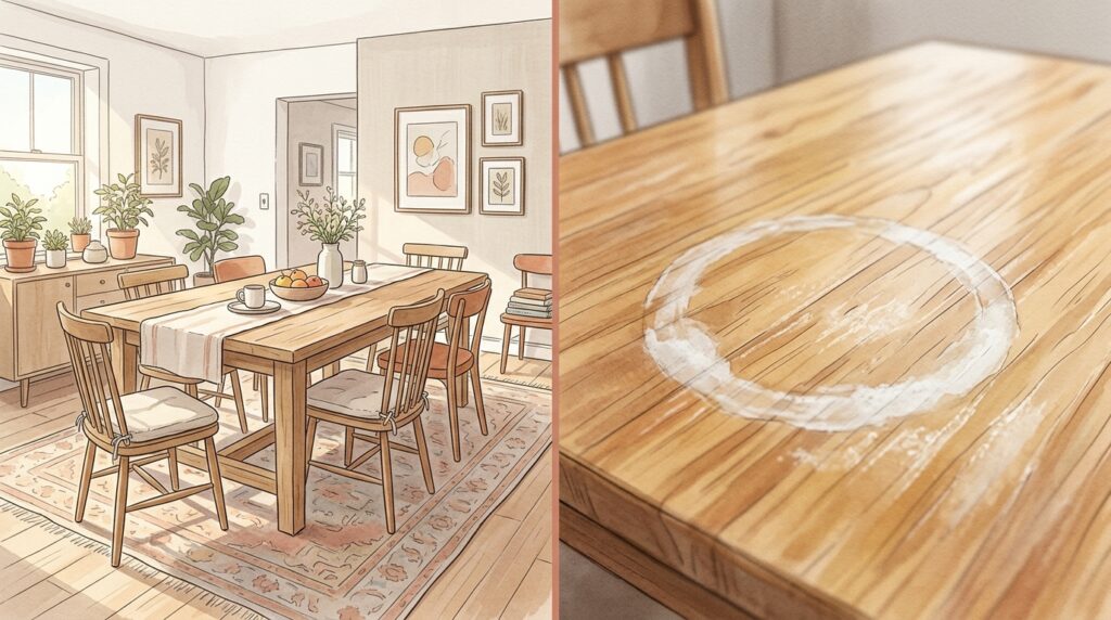 Colocou uma panela quente na mesa de madeira e ficou uma mancha branca opaca? Um secador de cabelo ou ferro de passar reverte o dano