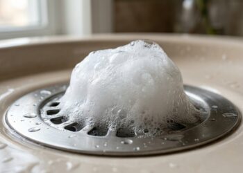 O ralo do quintal está vomitando uma montanha de espuma quando a máquina de lavar esvazia? O peso da água não consegue empurrar as bolhas