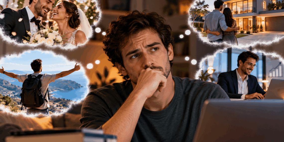Homem pensativo compara a própria trajetória com conquistas de amigos, representadas por cenas de casamento, compra de imóvel, viagens e sucesso profissional.