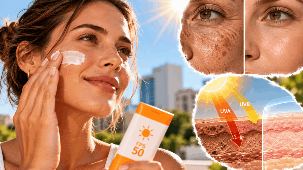 Mulher aplicando protetor solar FPS 50 no rosto sob a luz do sol, com ilustração dos efeitos da radiação UVA e UVB na pele.