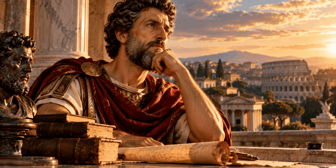 Marco Aurélio observa a antiga Roma enquanto reflete sobre suas escolhas e responsabilidades.