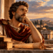 Marco Aurélio observa a antiga Roma enquanto reflete sobre suas escolhas e responsabilidades.