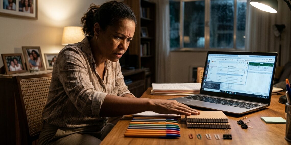 Pessoa alinha objetos na mesa de forma repetitiva após um dia de trabalho estressante.