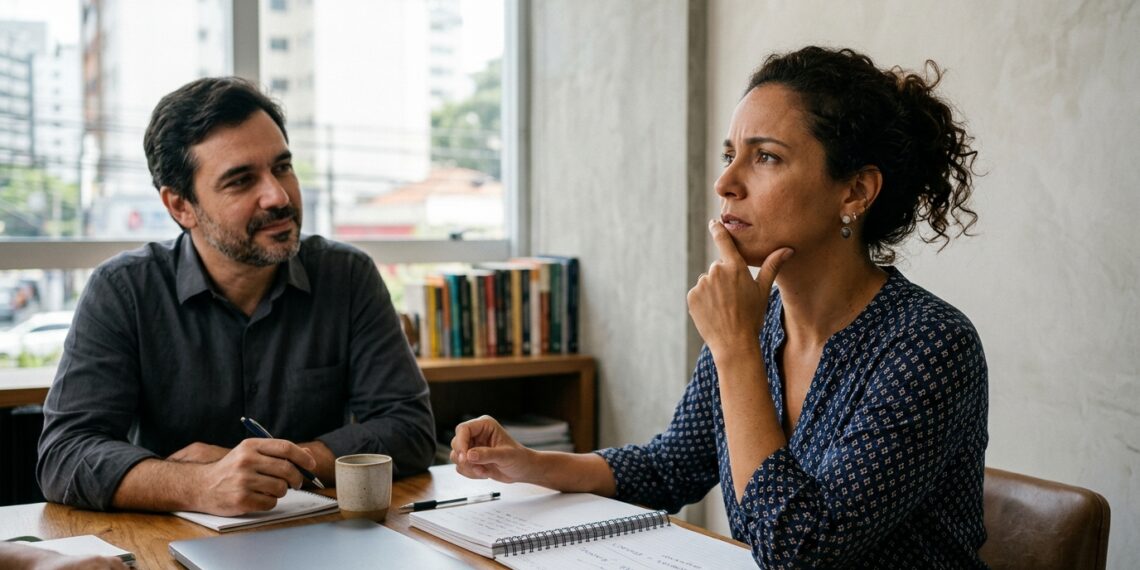 Pessoa olha para o lado enquanto pensa em uma resposta durante uma conversa.