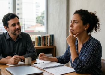 Pessoa olha para o lado enquanto pensa em uma resposta durante uma conversa.