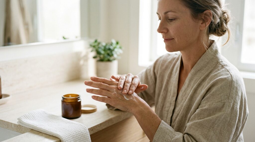 Pessoa massageando creme hidratante nas mãos durante a rotina diária de cuidados com a pele.