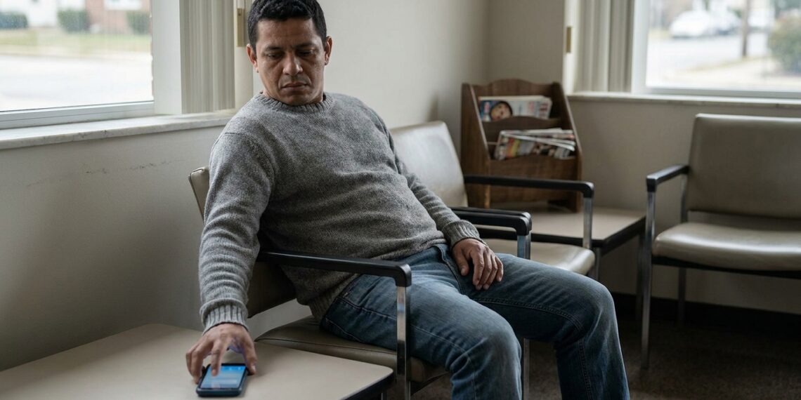 Pessoa pega o celular automaticamente enquanto espera sem ter nada específico para conferir.