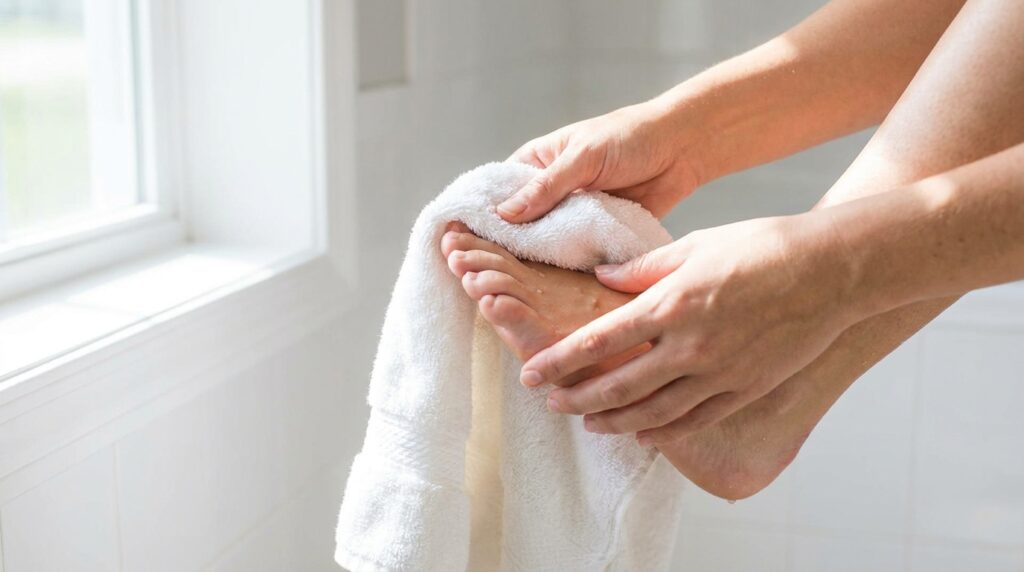 Pessoa seca cuidadosamente os pés com uma toalha limpa, incluindo os espaços entre os dedos.