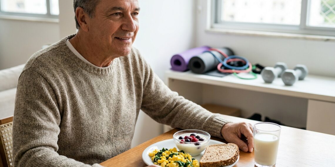 Pessoa com mais de 60 anos faz uma refeição com alimentos ricos em proteína.