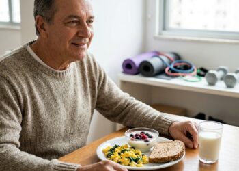 Pessoa com mais de 60 anos faz uma refeição com alimentos ricos em proteína.