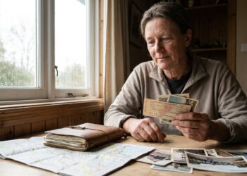 Mãos segurando bilhetes de trem, mapa de papel e cartão-postal de viagem sobre uma mesa de madeira