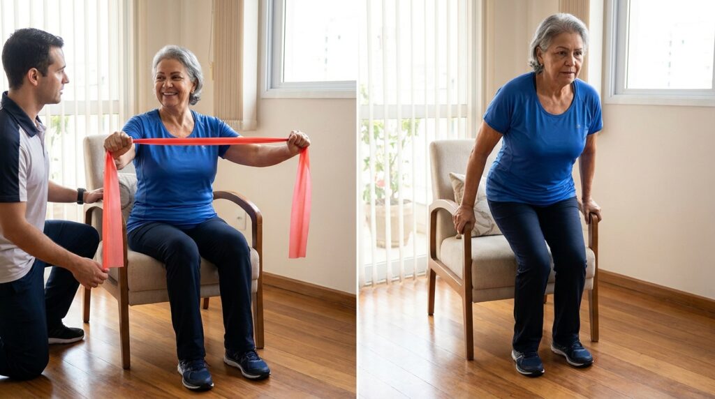 Pessoa idosa realiza exercícios para braços e pernas usando uma cadeira como apoio.