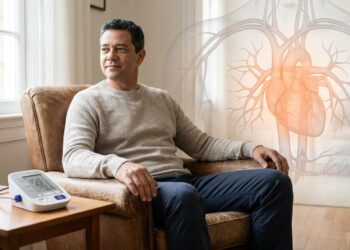 Pessoa aparentemente saudável ao lado de um medidor de pressão arterial, ilustrando a hipertensão sem sintomas perceptíveis.