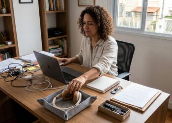 Pessoa organiza objetos de trabalho em locais definidos para reduzir distrações durante uma tarefa.