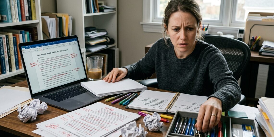 Pessoa adia uma tarefa importante enquanto organiza detalhes menores da mesa de trabalho.