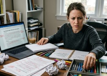 Pessoa adia uma tarefa importante enquanto organiza detalhes menores da mesa de trabalho.