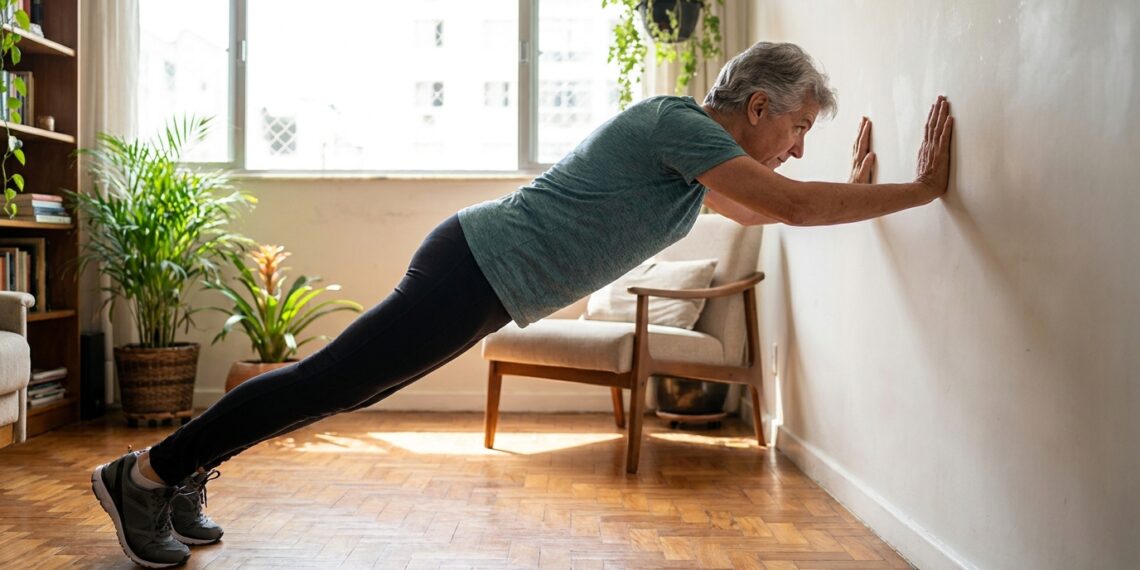 Pessoa com mais de 60 anos realiza flexão na parede em casa com postura controlada.