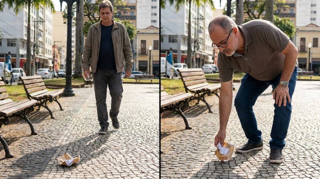 Duas pessoas reagem de formas diferentes ao encontrar lixo em um espaço compartilhado.