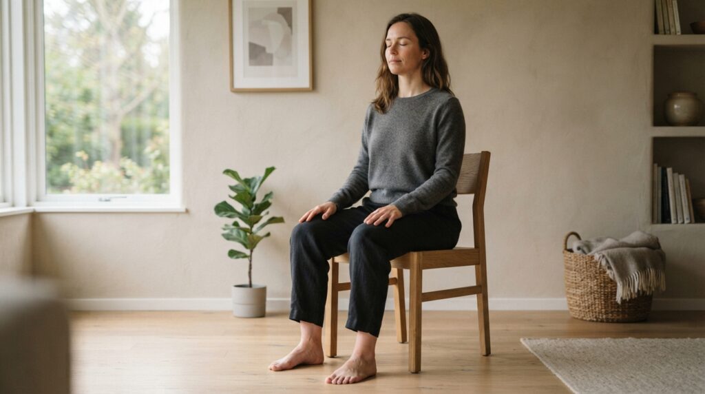 Pessoa sentada com os pés apoiados no chão para realizar exercício de respiração lenta com segurança.