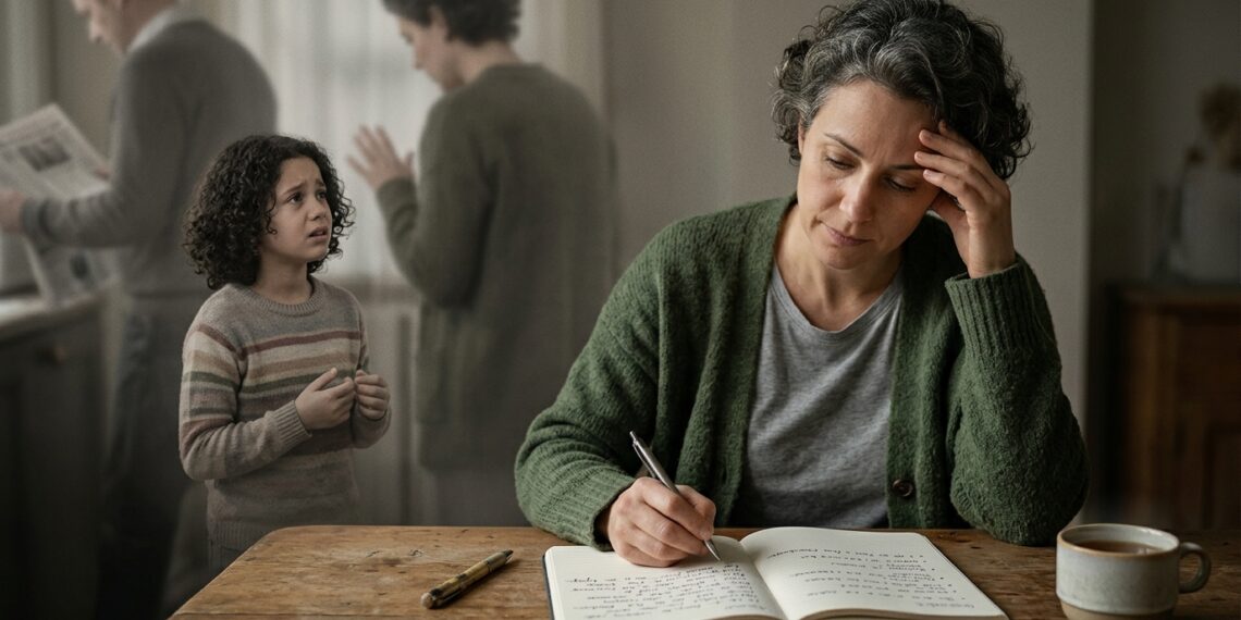 Adulto reflete sobre pensamentos autocríticos enquanto uma lembrança sugere experiências anteriores de invalidação emocional.