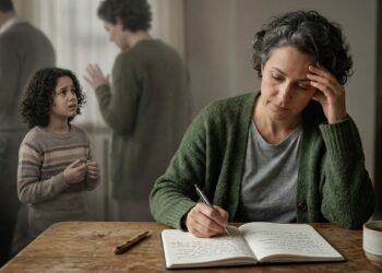 Adulto reflete sobre pensamentos autocríticos enquanto uma lembrança sugere experiências anteriores de invalidação emocional.