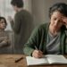 Adulto reflete sobre pensamentos autocríticos enquanto uma lembrança sugere experiências anteriores de invalidação emocional.