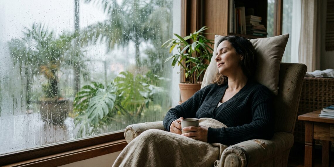Pessoa relaxa perto de uma janela enquanto escuta o som contínuo da chuva.