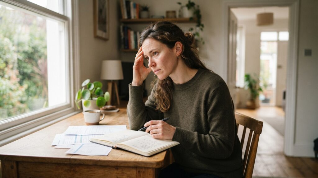 Pessoa adulta analisa anotações em uma mesa enquanto reflete sobre uma decisão importante.