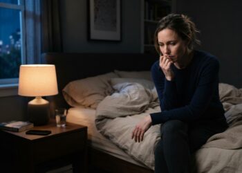 Pessoa sentada na cama à noite, pensativa, representando o hábito de reviver conversas mentalmente.