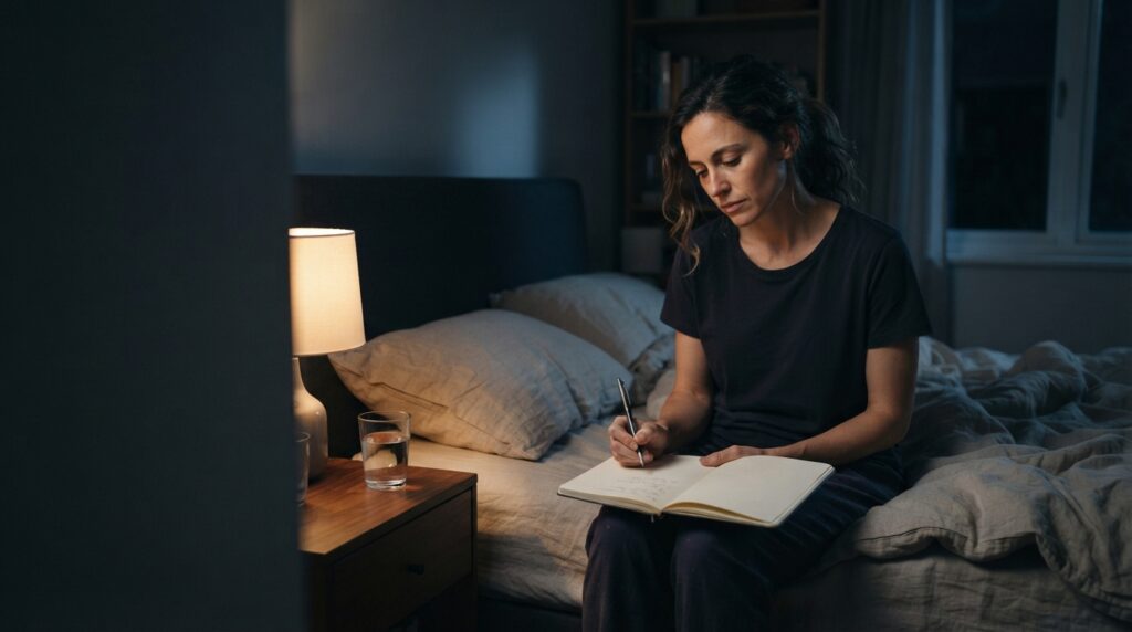 Pessoa sentada na cama à noite com um caderno aberto, refletindo antes de dormir.