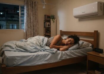 Ar-condicionado split de 9.000 BTUs ligado durante a noite em um quarto residencial.