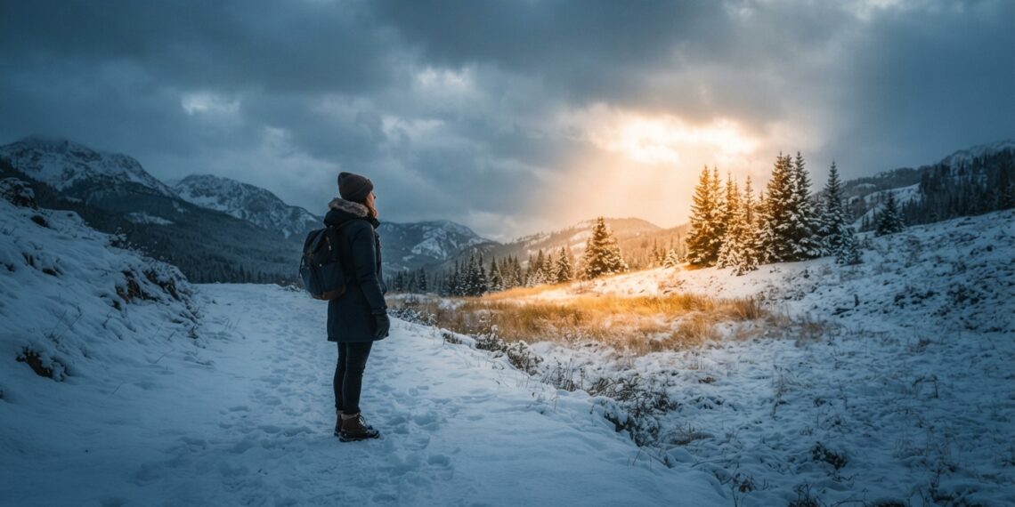 Pessoa diante de uma paisagem de inverno iluminada por raios dourados de sol, simbolizando esperança e força interior.