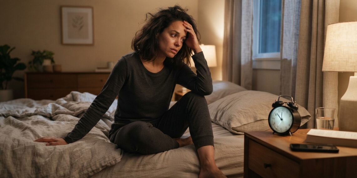 Pessoa sentada na cama no domingo à noite, com dificuldade para adormecer.