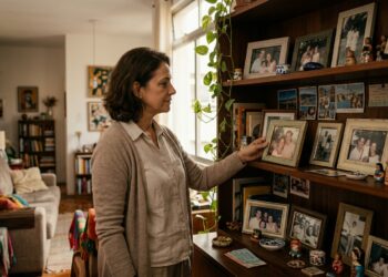 Pessoa observa fotos e lembranças organizadas pela casa como símbolos de diferentes fases da própria vida.