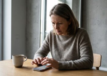 Pessoa refletindo com preocupação enquanto escreve uma mensagem no celular, representando a necessidade de aprovação social.