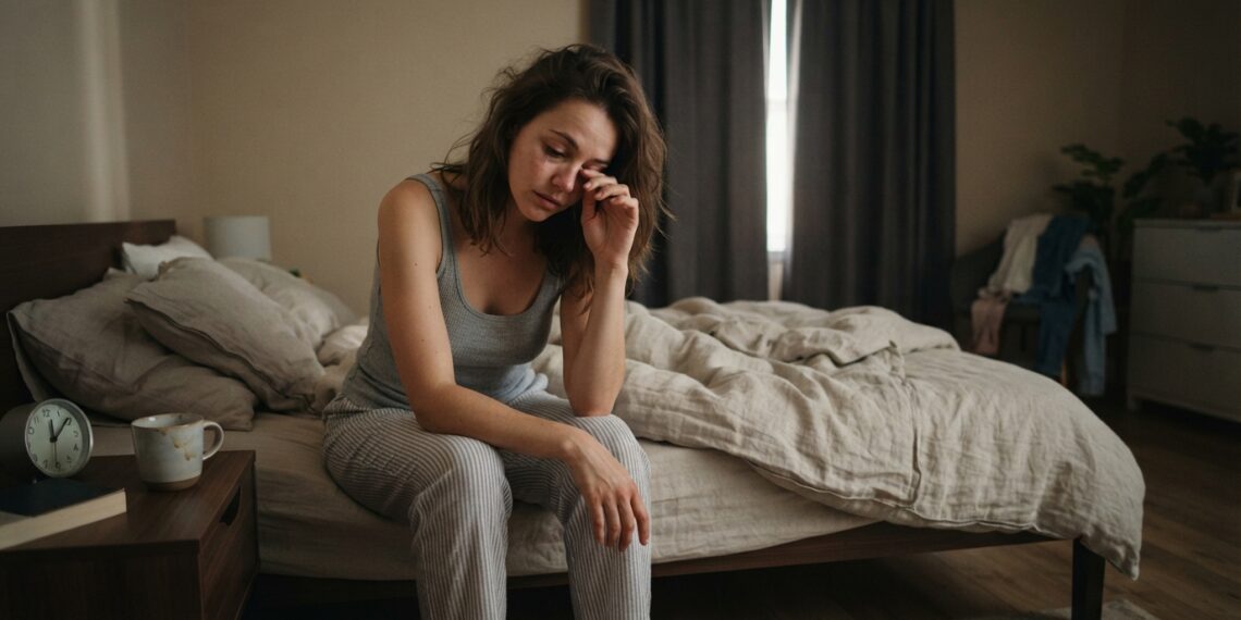 Pessoa acorda cansada e senta na cama após uma noite inteira de sono.