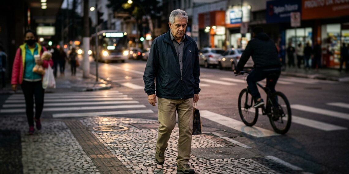 Pessoa madura apresenta dificuldade para perceber objetos nas laterais ao caminhar em ambiente pouco iluminado.
