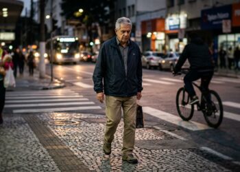 Pessoa madura apresenta dificuldade para perceber objetos nas laterais ao caminhar em ambiente pouco iluminado.