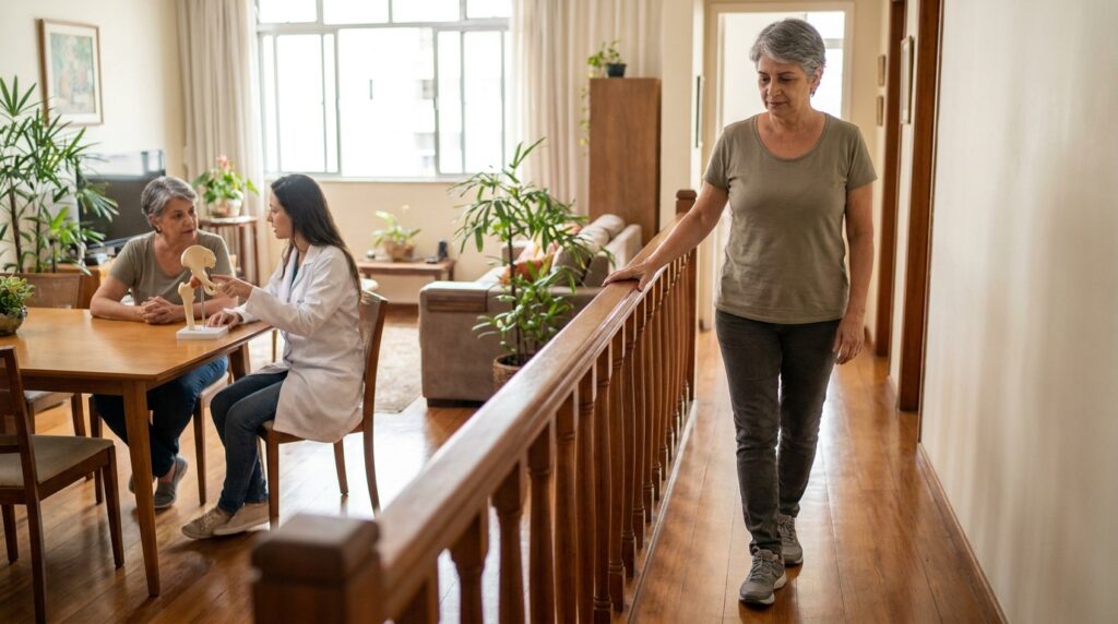 Pessoa com mais de 65 anos caminha em casa enquanto recebe orientação sobre equilíbrio e saúde dos ossos.