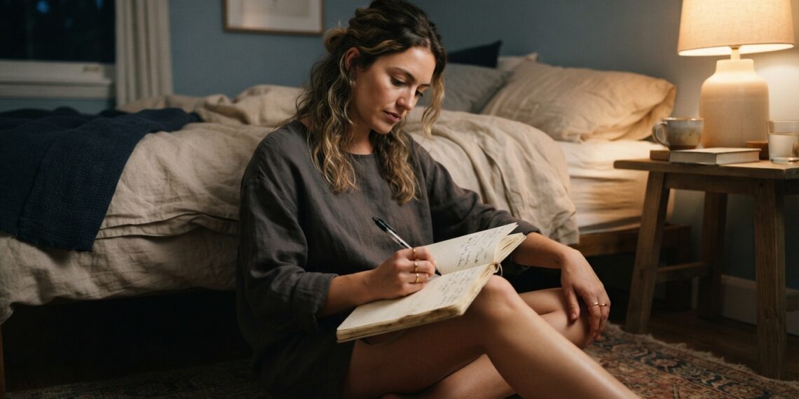 Pessoa escreve em um caderno ao lado da cama durante a rotina noturna.