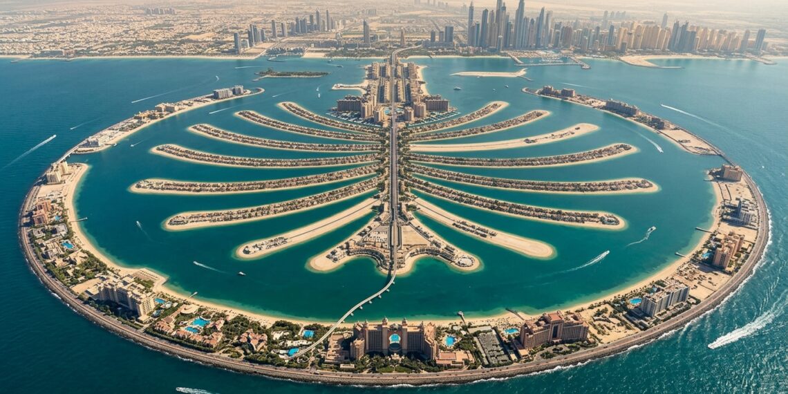 Vista aérea da Palm Jumeirah, em Dubai, mostrando as ilhas artificiais em formato de palmeira cercadas pelo Golfo Pérsico.