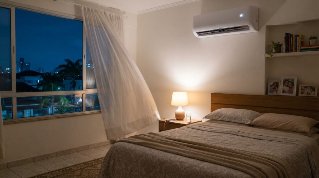 Pessoa dorme confortavelmente em um quarto com ar-condicionado durante uma noite quente.