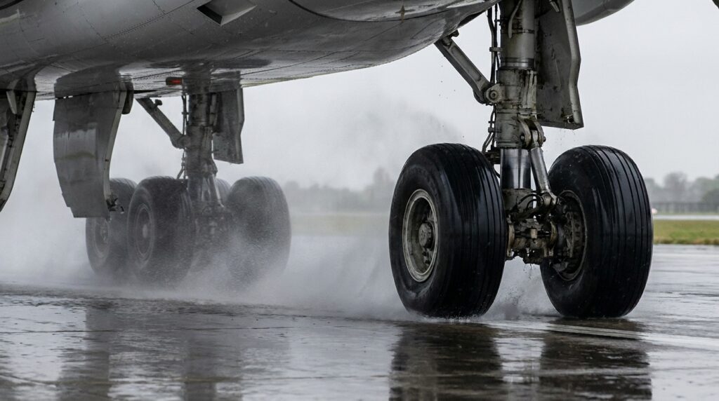 Pneus do trem de pouso principal de um avião comercial em contato com uma pista molhada, com água sendo projetada durante o pouso.